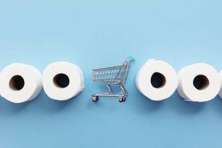 Roll of white toilet paper with a shopping cart on a blue background
