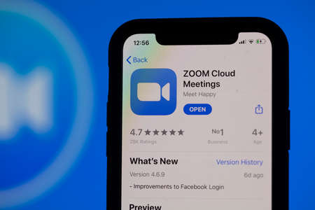LONDON, UK - April 2nd 2020: Popular Zoom video conference app icon on a mobile device