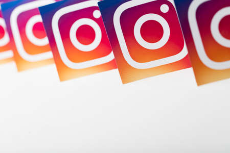 OXFORD, UK - AUGUST 22 2018: A collection of Instagram logos printed on paper.のeditorial素材