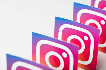 OXFORD, UK - AUGUST 22 2018: A collection of Instagram logos printed on paper.のeditorial素材