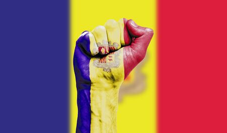 Andorra flag painted on a clenched fist. Strength, Protest conceptの写真素材