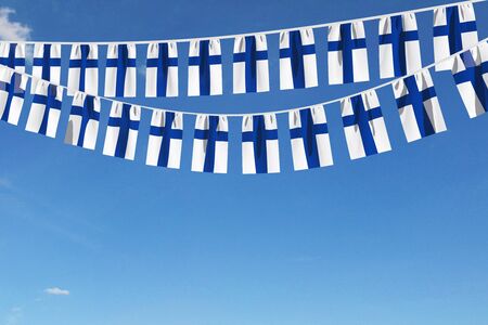 Finland flag festive bunting hanging against a blue sky. 3D Renderの写真素材