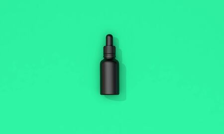 Black oil dropper bottle with blank label on a green background. 3D Render.の写真素材