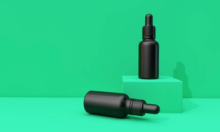 Black oil dropper bottle with blank label on a green background. 3D Renderの写真素材