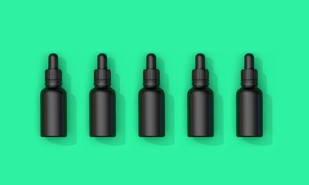 Black oil dropper bottle with blank label on a green background. 3D Renderの写真素材