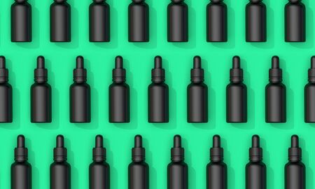 Black oil dropper bottle with blank label on a green background. 3D Renderの写真素材