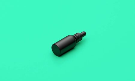 Black oil dropper bottle with blank label on a green background. 3D Render.の写真素材