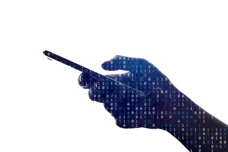 Silhouette of a hand using a smartphone with binary code backgroundの写真素材