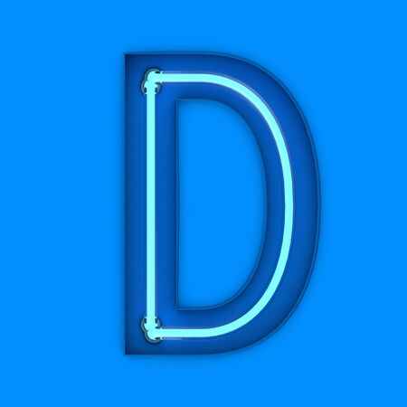 Neon style light letter D. Glowing neon Capital letter. 3D renderingの写真素材