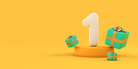 Happy 1st birthday number and gifts on a yellow podium. 3D Render