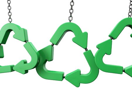 Green recycling symbol hanging from a chain. 3D Rendering