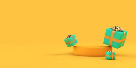 Yellow party celebration podium with green gift boxes. 3D Renderingの写真素材