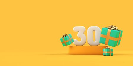 Happy 30th birthday number and gifts on a yellow podium. 3D Renderの写真素材