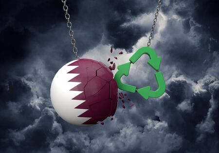 Green recycle symbol crashing into a Qatar flag ball. 3D Renderingの写真素材