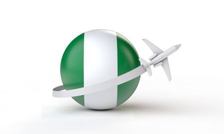 Travel to Nigeria concept. Airplane flying around flag. 3D Rendering.の写真素材