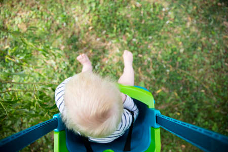 A little boy having fun playing on a swing under a tree in a garden.の写真素材