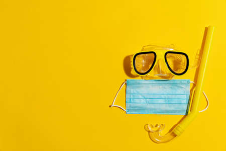 travel background. Scuba snorkel and protective face maskの写真素材