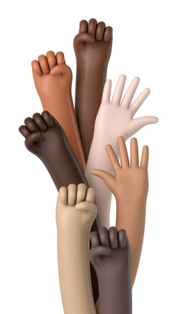 Multi ethnic hands raised in the air. Political protest concept. 3D Renderingの写真素材