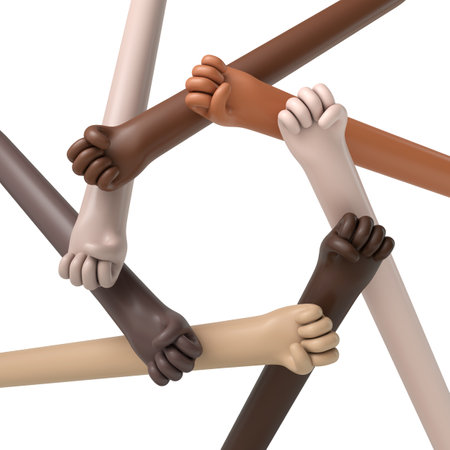 Multi ethnic hands in a circle. Political protest concept. 3D Rendering
