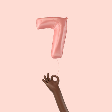Hand holding a 7th birthday pink foil celebration balloon. 3D Rendering