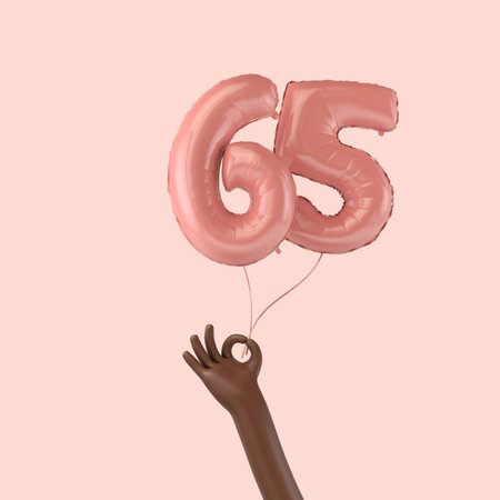 Hand holding a 65th birthday pink foil celebration balloon. 3D Renderingの写真素材