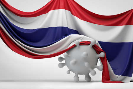 Thailand national flag draped over a Covid virus disease molecule. 3D Renderingの写真素材