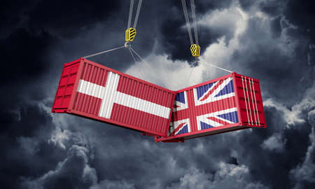 UK and Denmark business trade deal. Clashing cargo containers. 3D Renderの写真素材