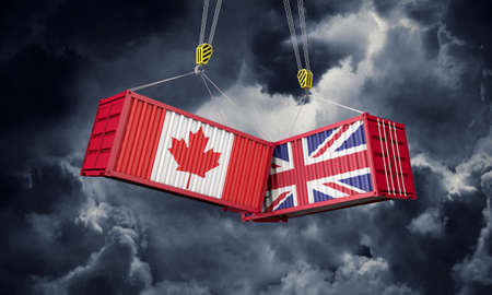 UK and Canada business trade deal. Clashing cargo containers. 3D Renderの写真素材