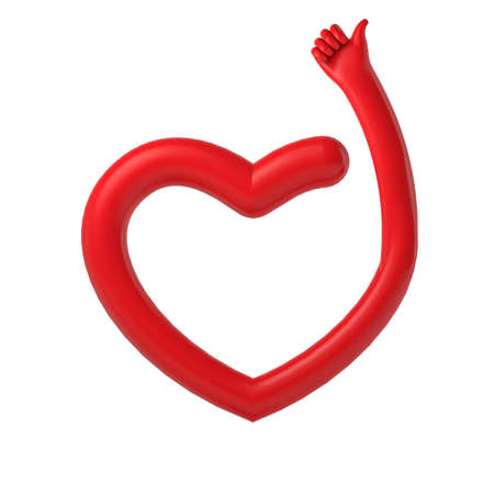 Red heart outline with a thumbs up hand. 3D Renderingの写真素材