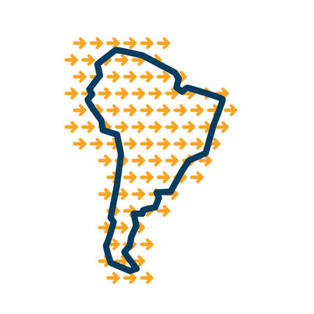 South America simple outline map with yellow direction guide arrows.