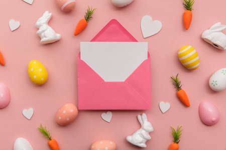 Easter blank card and envelope with easter bunny and eggs