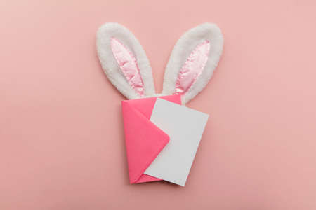 Easter blank card and envelope with fluffy easter bunny ears