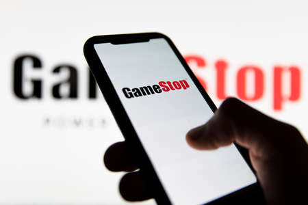 LONDON, UK - February 2021: Smartphone showing Gamestop video game retailのeditorial素材