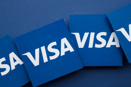 LONDON, UK - March 2021: Visa financial service brand logo backgroundのeditorial素材