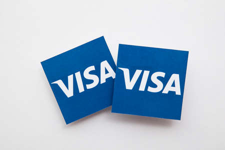 LONDON, UK - March 2021: Visa financial service brand logo background