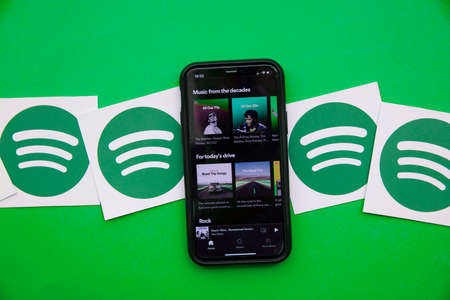 LONDON, UK - March 2021: Spotify music and audio streaming service logo