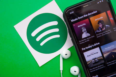 LONDON, UK - March 2021: Spotify music and audio streaming service logo