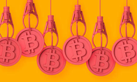 Bitcoin cryptocurrency coin held by a robotic claw. 3D Renderingの写真素材