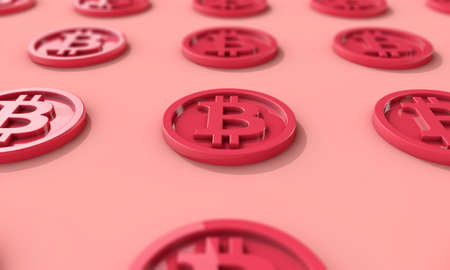 Bitcoin blockchain cryptocurrency on a coin. 3D Renderingの写真素材