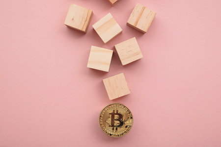 Bitcoin cryptocurrency coin blockchain technology concept. Coin with wood blockの写真素材