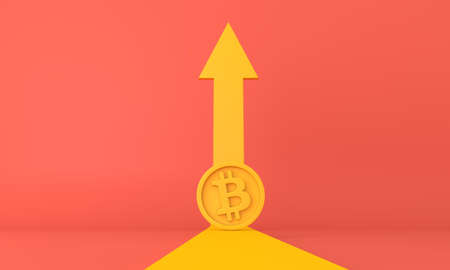 Bitcoin cryptocurrency coin on an upward trend arrow. 3D Renderingの写真素材
