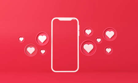 Social media love notification icons flowing from a smartphone. 3D Renderingの写真素材