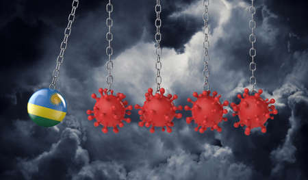 Rwanda flag ball hits into a line of virus molecules. 3D Renderingの写真素材