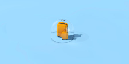 holiday travel bubble. Suitcase in a protective bubble 3D Renderingの写真素材