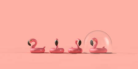 holiday travel bubble. Flamingo in a protective bubble 3D Renderingの写真素材