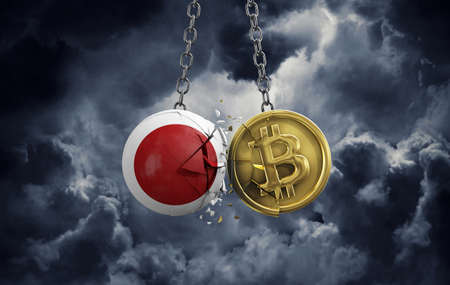 Japan flag smashing into a gold bitcoin crypto coin. 3D Rendering