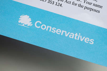 LONDON, UK - April 2021: Conservative political party logo on campaign literatureのeditorial素材