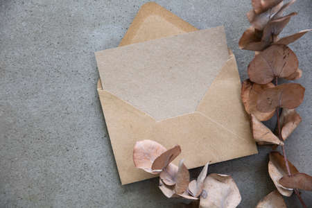 Blank kraft brown invitation stationery card with dried eucalyptus leavesの写真素材