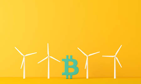 Bitcoin cryptocurrency eco impact. bitcoin with wind turbine. 3d renderingの写真素材