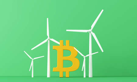 Bitcoin cryptocurrency eco impact. bitcoin with wind turbine. 3d rendering